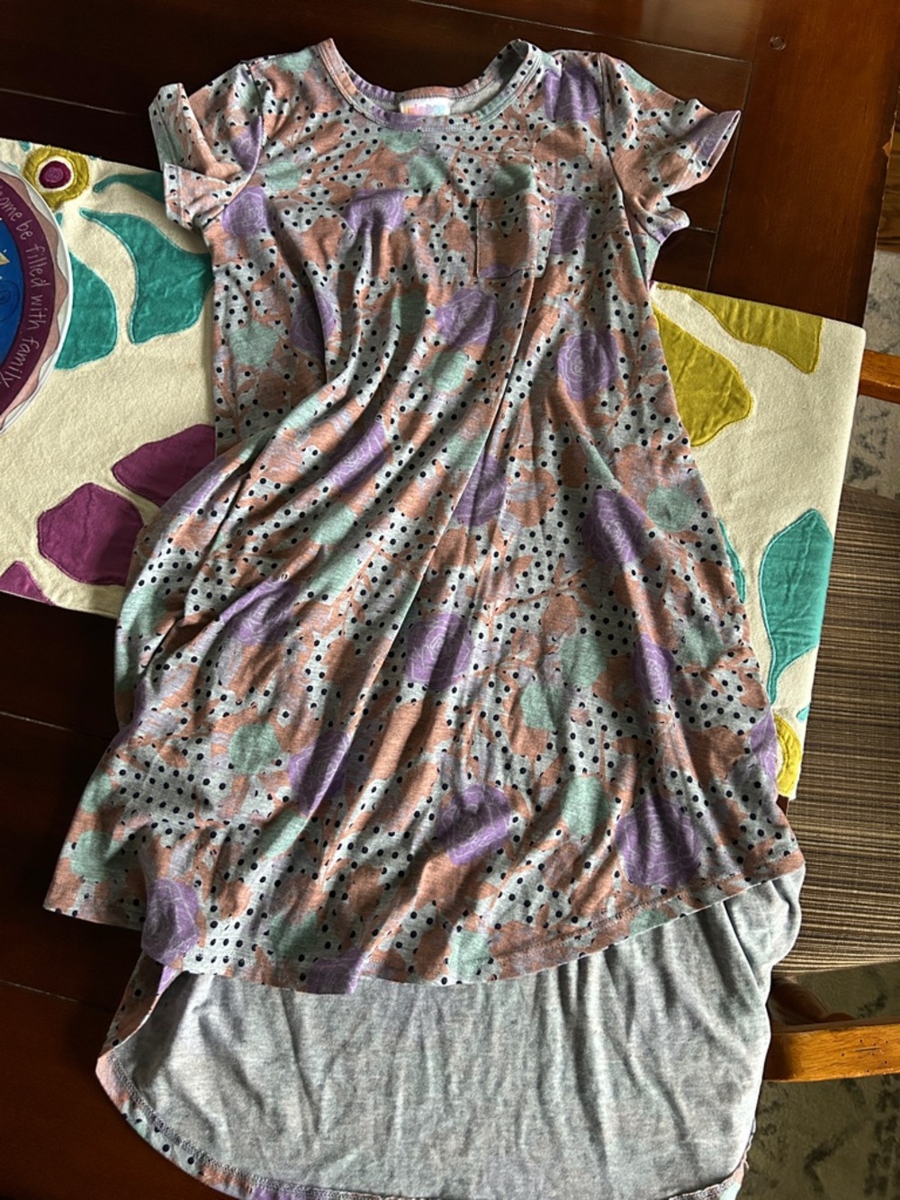 LuLaRoe Tee Dress in Mint, Lavender, Peach with Navy Dots